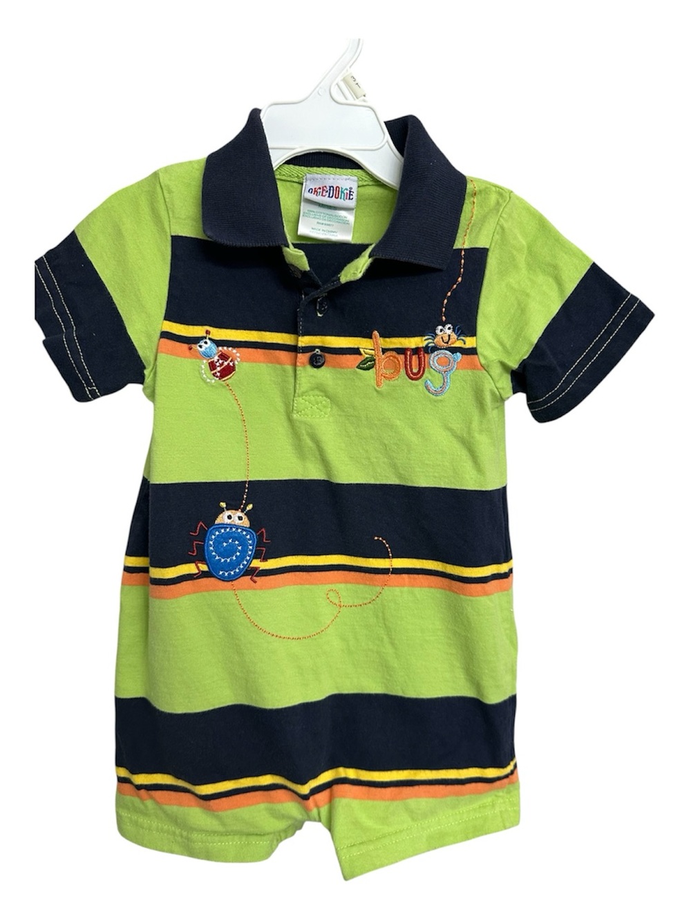 okie dokie Lime and Navy Striped Polo Romper with Bug Appliques-Size 18M